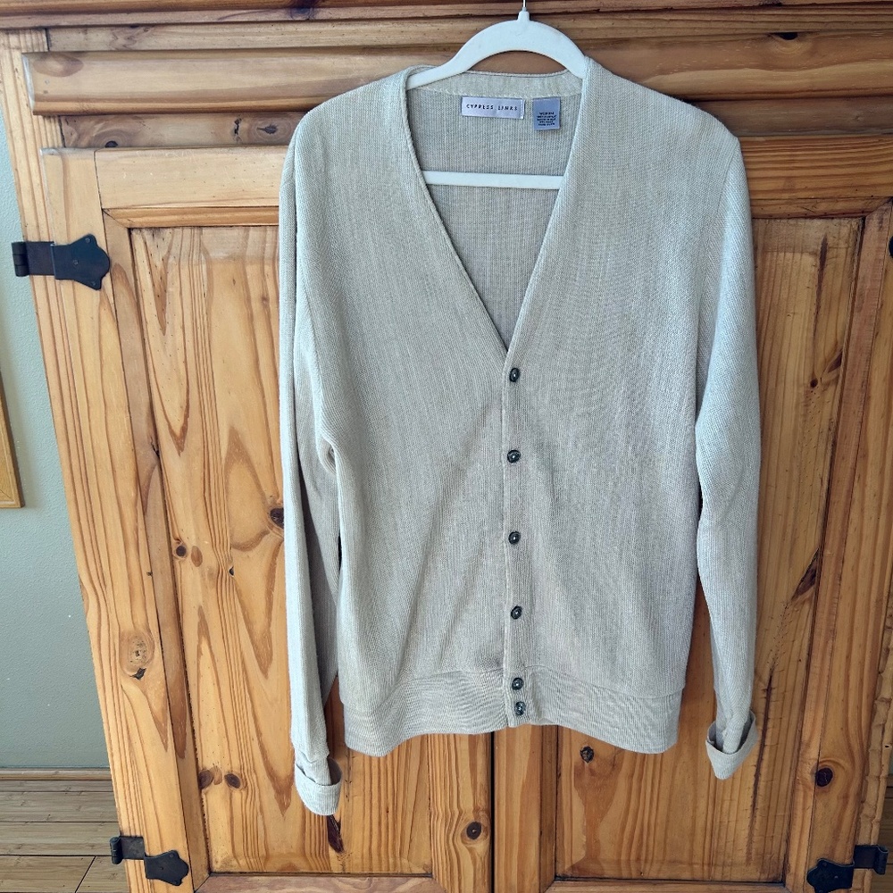 Cypress Links Cardigan Sweater Tan Gray Buttons Vintage‎ Acrylic Medium